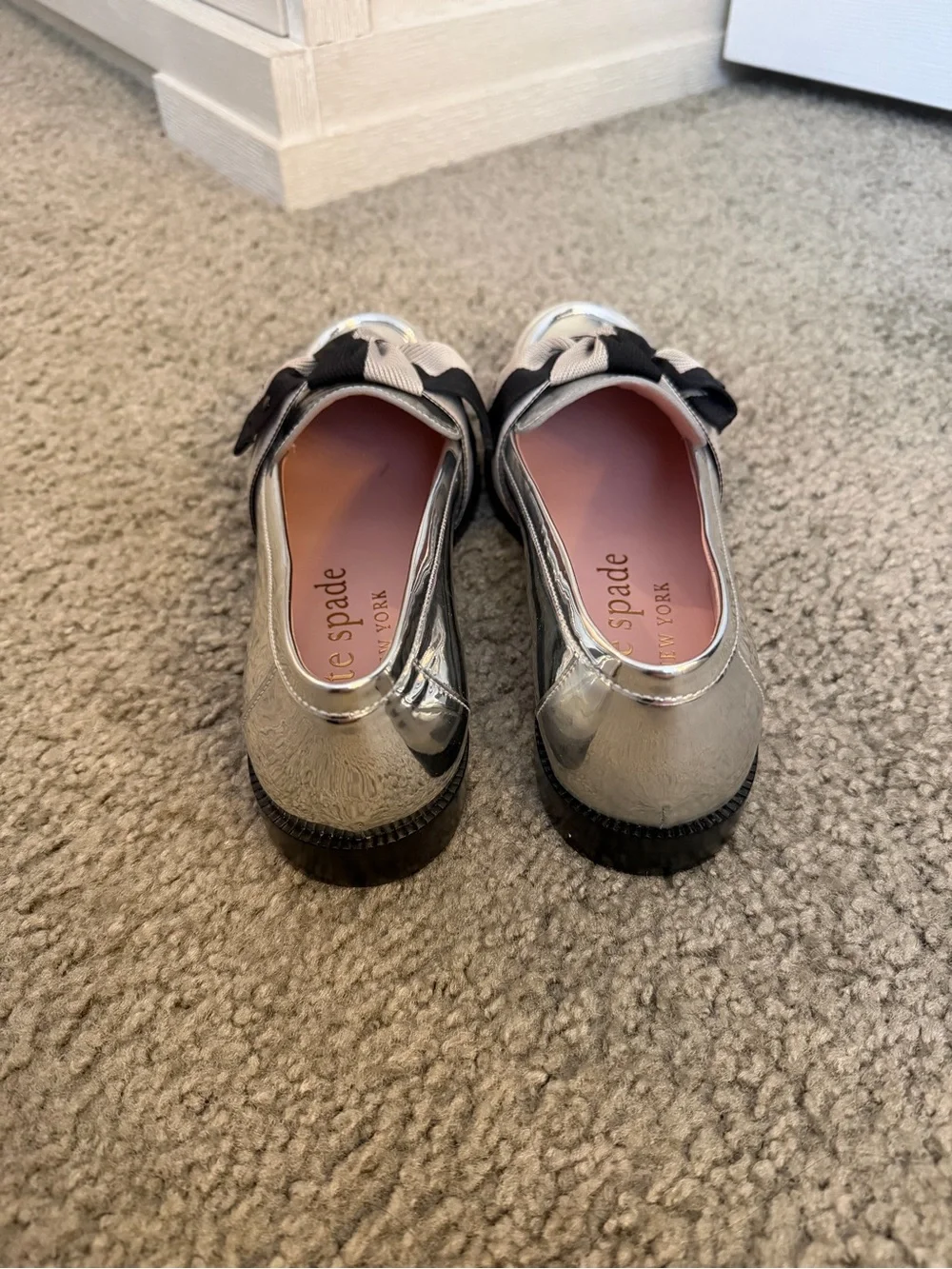 Kate Spade Silver Chrome Metallic Loafers with Black & Beige Bow
